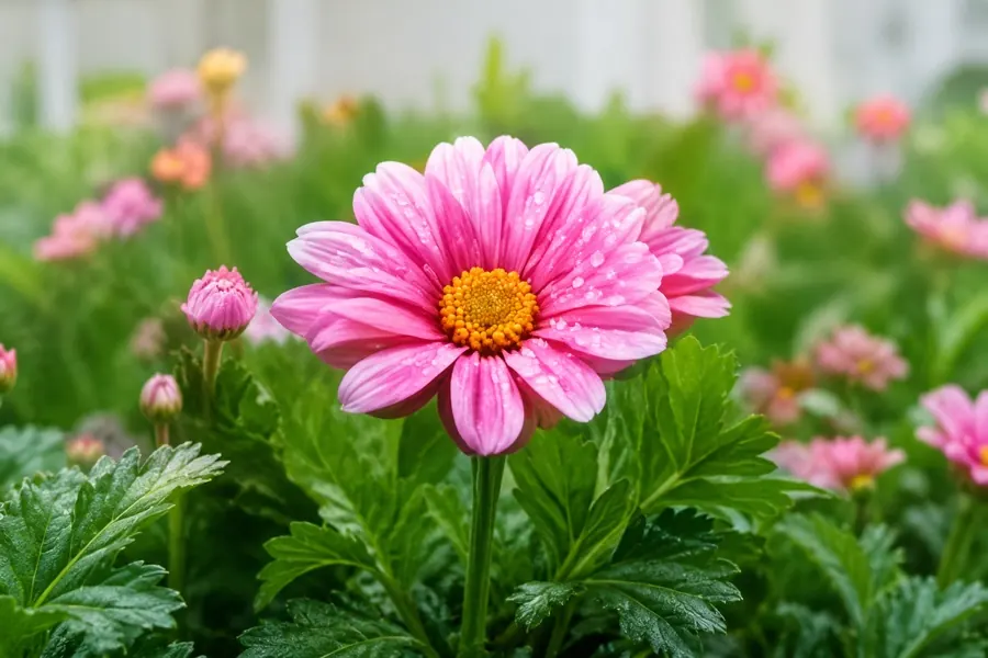 Pink garden flower covered with fresh water droplets
