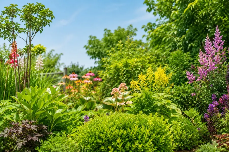 Lush mixed planting in a sunny garden