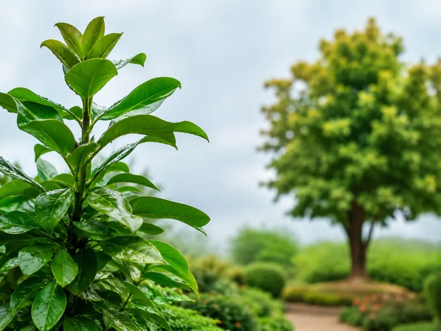 Young leafy tree with a mature garden tree behind it