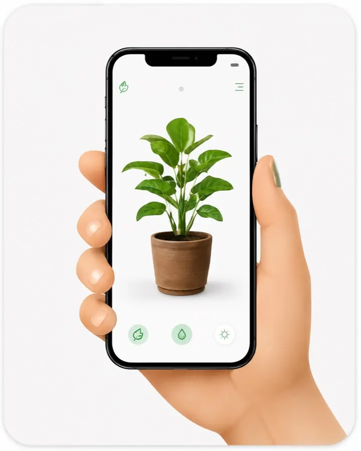 A hand holding a phone to photograph a potted plant